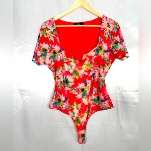 Red Bodysuit with Asymmetrical‎ Neckline and Short Sleeves bodysuit Size XL